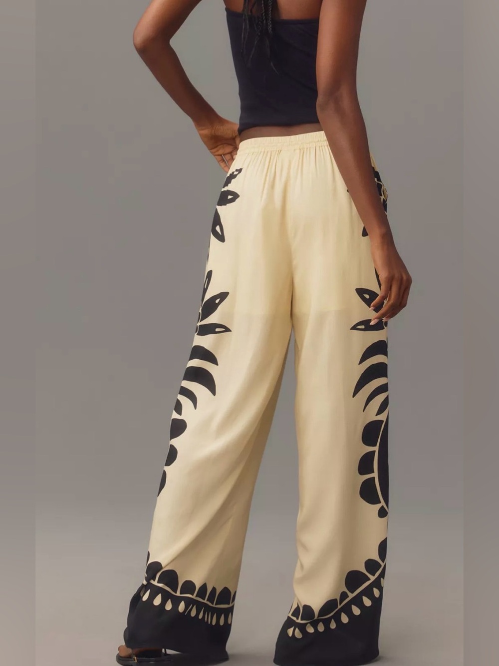 FARM Rio Cream Wide-Leg Pants with Black Floral Motif - Picture 2 of 6
